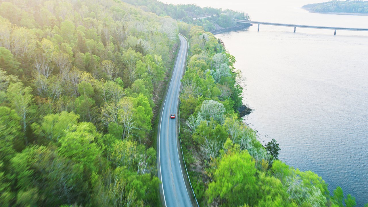 A car on a road with green trees to the left and water to the right